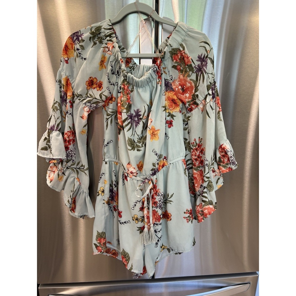 Hint of Blush Floral Romper Women's Medium Green Boho Off Shoulder Bell Sleeve